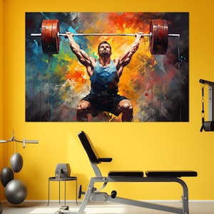 Gym Wall Decor, Weightlifter Lifts Barbell Painting Canvas Print, Weightlifting Canvas, Abstract Fitness Wall Art, Framed and Ready to Hang