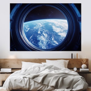 Spaceship Window to Planet Earth Canvas Print, Space Wall Art, Spaceship View Poster, Earth Painting, Space Photo, Framed and Ready to Hang