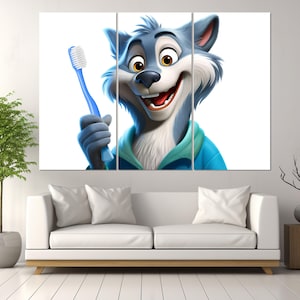 Wolf mit Zahnbürste Leinwanddruck, Kinderzahnheilkunde Wanddekor, Zahnarzt Geschenk, Kinderzahnheilkunde Wandkunst, gerahmt und fertig zum Aufhängen