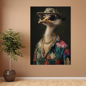Cool Ostrich in a Hat and Sunglasses Canvas Print, Funny Ostrich Wall Art, Single Man Gift, Party Wall Decor, Framed & Ready to Hang