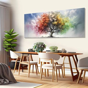 以下が含まれることがあります： 赤、オレンジ、黄色、緑、青の葉を持つ木の抽象的な絵画。木は雲のある白い背景に描かれている。