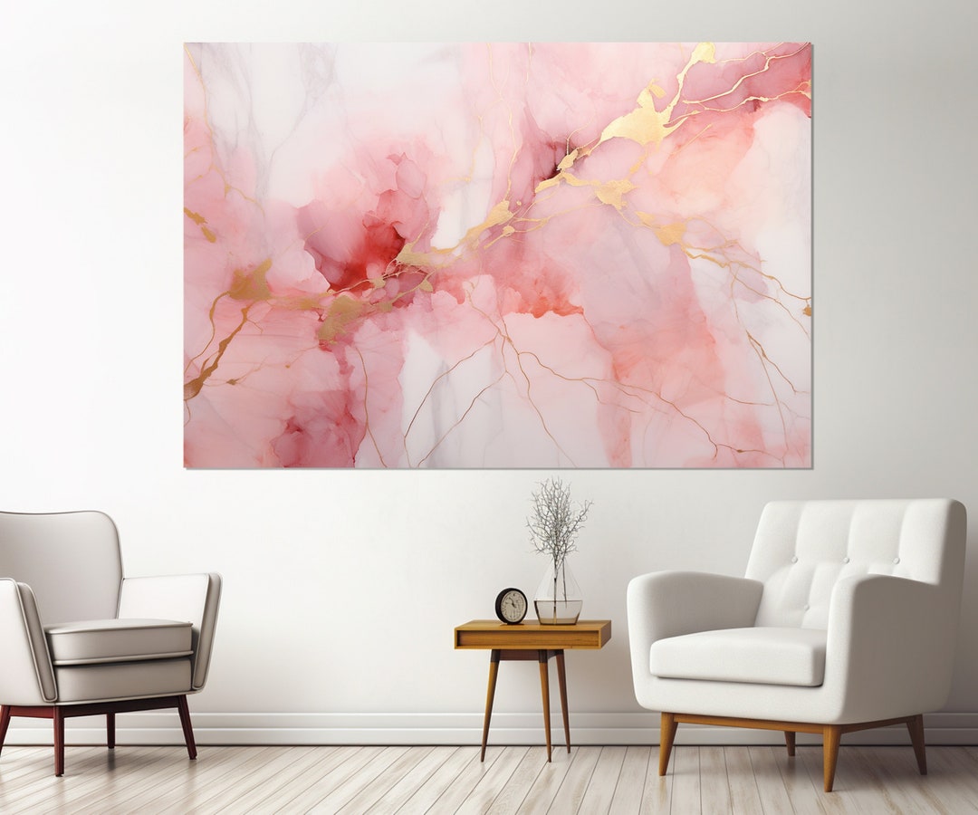 Abstract Pink Marble Painting Canvas Print Contemporary Wall Etsy