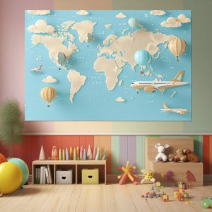Abstrakte Weltkarte, Weltkarte, Kinder Leinwand Druck, Kinder Wanddekoration, Kinderzimmer Dekor, Gerahmt, fertig zum Aufhängen
