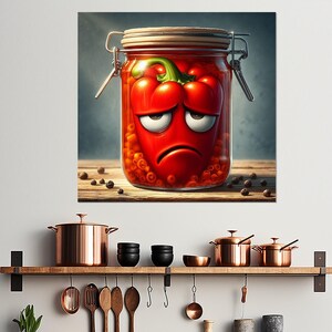 Traurig eingelegte Paprika im Glas Leinwanddruck, Lustige Küche Wanddekoration, Küche Wandkunst, Gemüse Poster, Paprika Druck, Hausfrau Geschenk