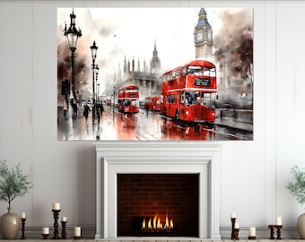 Impresión en lienzo de un autobús londinense, arte mural londinense, Londres en blanco y negro, centro de Londres abstracto, impresión londinense, enmarcada y lista para colgar.