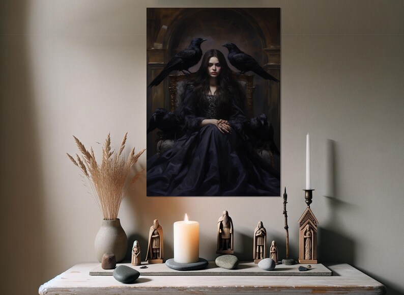 Witch and Her Ravens Painting Canvas Print, Gothic Wall Art, Dark Witch
