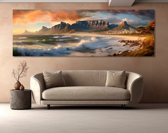 Scenic Cape Town Panorama, Cape Town Canvas Print, Cape Town Painting, Large South Africa Wall Art, Framed and Ready to Hang