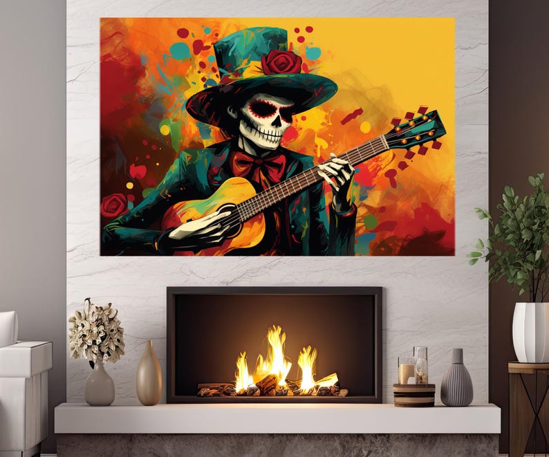 Skeleton With Guitar Painting, Day of the Dead Wall Art, Day of the