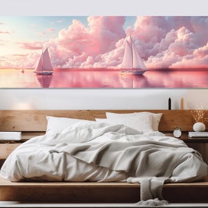 Abstract nautisch landschap met zeilboten op Pink Lake canvasprint, romantisch schilderij, grote nautische muurkunst, ingelijst en klaar om op te hangen