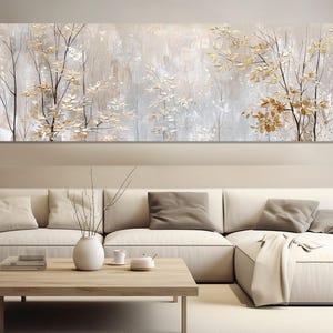 Winterbäume mit goldenen Blättern Leinwanddruck, sanfte Töne Malerei, neutrale Weißtöne Winterwald Wandkunst, gerahmt und fertig zum Aufhängen