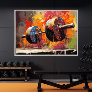 Abstract Barbell Painting Canvas Print, Gym Wall Decor, Workout Motivation, Fitness Wall Art, Weightlifter Gift, Framed and Ready to Hang