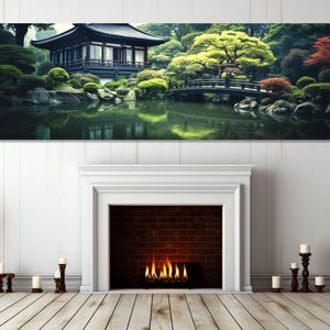 May include: A panoramic photograph of a traditional Japanese garden with a wooden bridge, a pond, and a small wooden house with a tiled roof. The garden is lush with green trees and bushes, and the water is still and reflective.