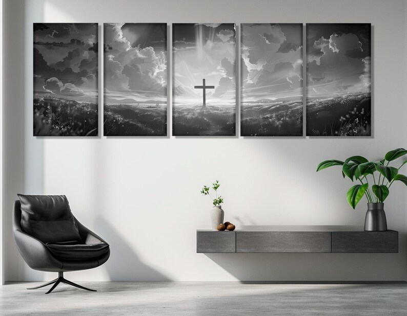 Arte de parede da Bíblia, O poder da cruz, impressão em tela, arte de parede religiosa em preto e branco, emoldurada e pronta para pendurar imagem 7