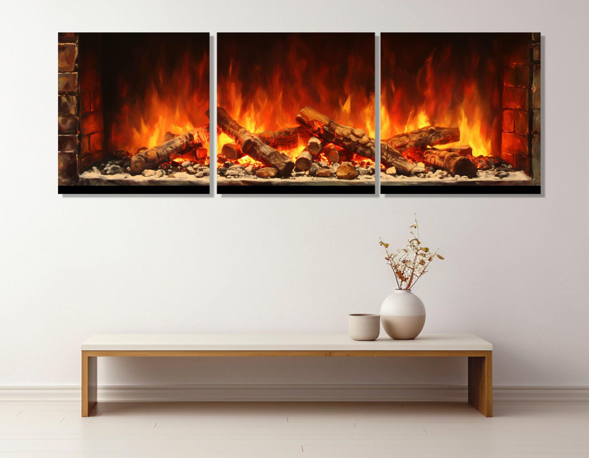 Large Fireplace Painting Canvas Print, Fireplace Wall Art, Contemporary