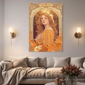 Impresión en lienzo de carta del tarot de otoño, arte en lienzo de una hermosa niña, arte mural de tarot, pintura de carta del tarot, arte otoñal, enmarcado y listo para colgar.