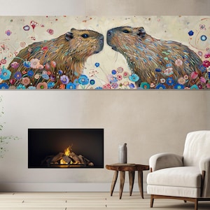 Capibara paar schilderij canvasafdruk, romantische muurkunst, modern romantisch muur decor, capibara kunst aan de muur, ingelijst en klaar om op te hangen