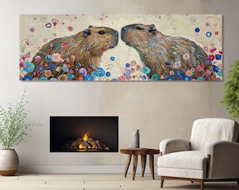 Capybaras Paar Malerei Leinwanddruck, Romantische Wandkunst, Moderne Romantische Wanddekoration, Capybara Wandkunst, gerahmt und fertig zum Aufhängen