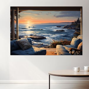 Open Window with Ocean View Painting Canvas Print, Terrace with Sea View Canvas Art, Framed and Ready to Hang