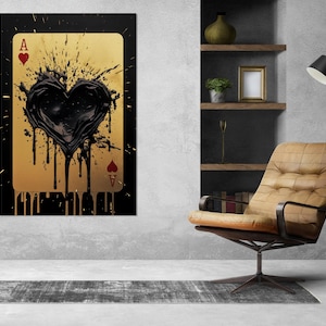 Impresión en lienzo de As de Corazones, arte de pared de póker, regalo de jugador de cartas, pintura dorada de As de Corazones, enmarcada y lista para colgar.