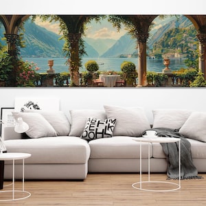 Lake Como Coast Oil Painting Canvas Print in a Vintage Style, Italy Wall Art, Lake Como Panorama, Lake Como Poster, Framed & Ready to Hang