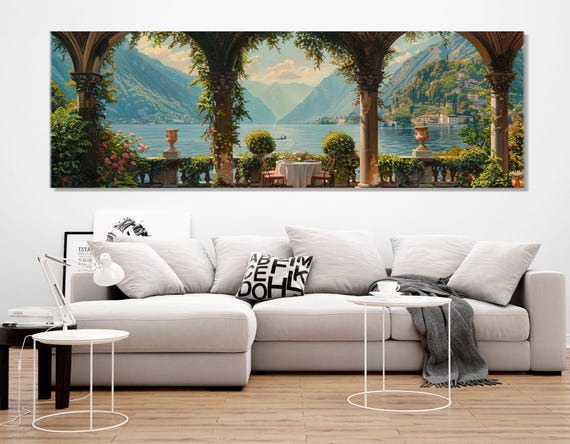 Lake Como Coast Oil Painting Canvas Print in a Vintage Style, Italy Wall Art, Lake Como Panorama, Lake Como Poster, Framed & Ready to Hang