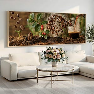 May include: A rectangular wall art print featuring a coffee production scene with a small green sprout, a single coffee bean, a coffee plant with red berries, floating roasted coffee beans, and a glass cup filled with dark coffee.
