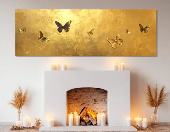 Gold Butterflies Painting Canvas Print, Gold Wall Art, Luxury Wall Decor, Butterfly Wall Art, Gold Wall Decor, Framed and Ready to Hang