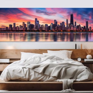 Abstract Chicago Sunset Canvas Print, Scenic Chicago Painting, Chicago Wall Art, Chicago Skyline, Chicago Poster, Framed and Ready to Hang
