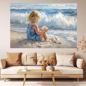 Abstrakte Kunst auf Leinwand, Kind spielt am Strand mit Muscheln, gerahmt und fertig zum Aufhängen