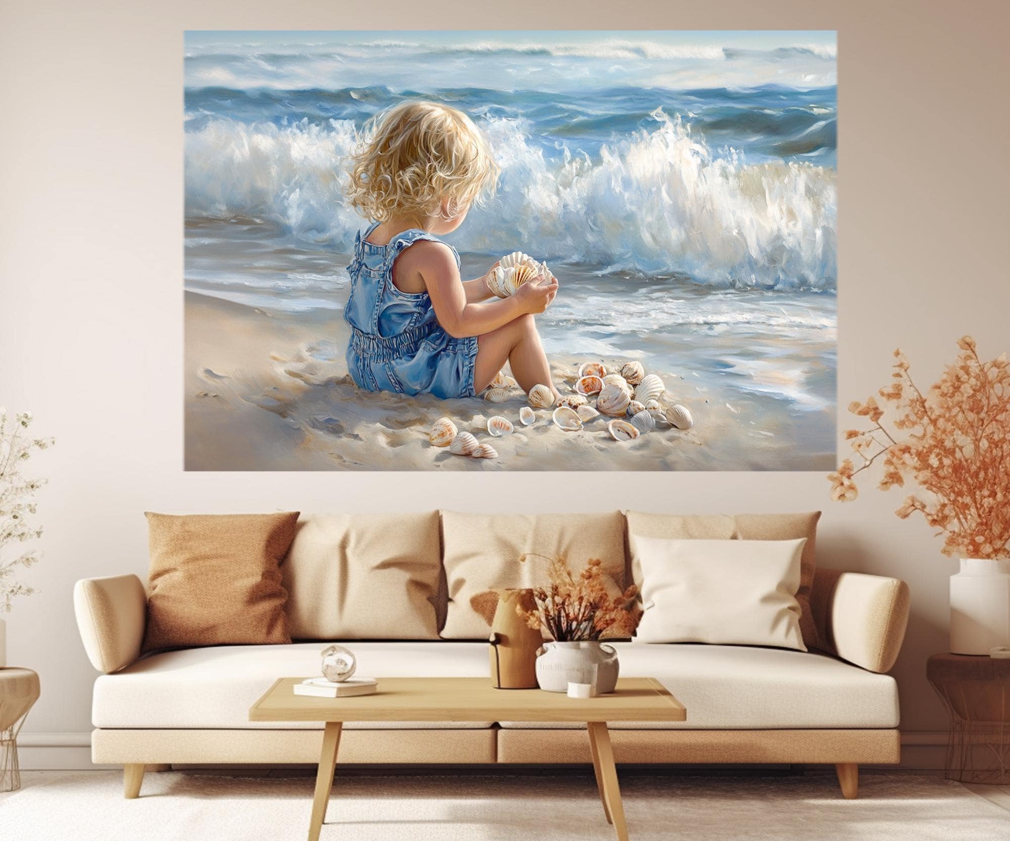 Little Blonde Kid on the Beach Painting Canvas PRINT, Abstract Beach Wall Art, Kid Playing with Shells on the Beach, Framed & Ready to Hang