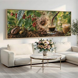 May include: A rectangular wall art print featuring a coffee plant with red berries, scattered roasted coffee beans, and two glass mugs, one being filled with dark coffee. The scene includes soil, roots, and a small green sprout in a natural setting.