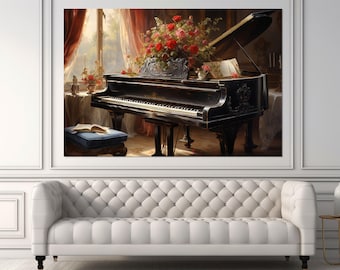 Può includere: Un pianoforte a coda nero con il coperchio aperto, situato in una stanza con una finestra e un mazzo di rose rosse in un vaso. Il pianoforte ha uno sgabello in velluto blu con un libro sopra.