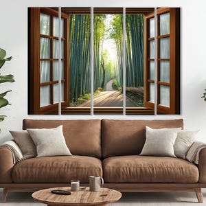 Open Window with Kyoto Bamboo Forest in Japan View Canvas Print, Bamboo Groove Window Painting, Framed and Ready to Hang image 6
