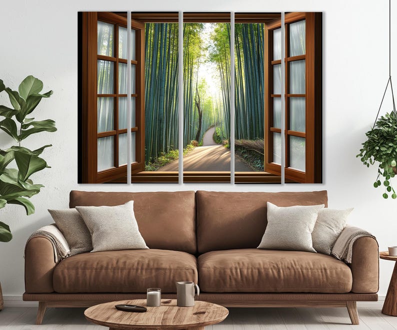 Open Window with Kyoto Bamboo Forest in Japan View Canvas Print, Bamboo Groove Window Painting, Framed and Ready to Hang image 6