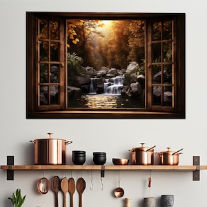 Open Window with Forest Waterfall View Painting Canvas Print, Modern Canvas Art, Framed and Ready to Hang