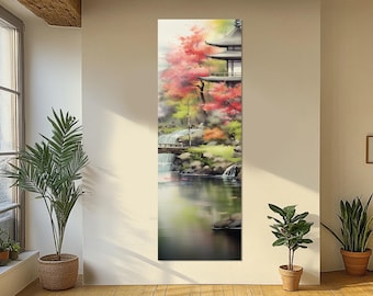 Scenic Japanese Garden Canvas Print, Abstract Asian Painting, Asian Wall Decor, Vertical Japan Nature Painting, Framed and Ready to Hang