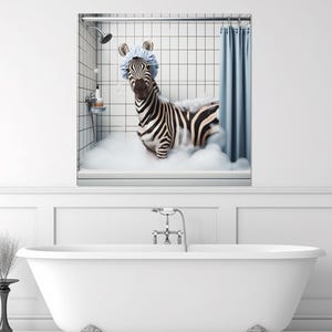 Cute Zebra in the Bathroom Painting Canvas Print, Bathroom Wall Art, Zebra in Bathroom Wall Decor, Nursery Canvas Art, Baby Room Decor