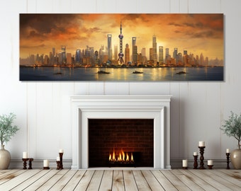 Abstract Shanghai Wall Art, Shanghai Painting Canvas Print, Large Shanghai Skyline, China Canvas Print, Framed and Ready to Hang