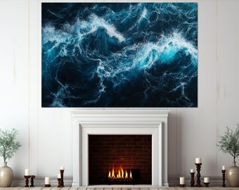 Deep Blue Ocean Waves Canvas Print, Ocean Wall Art, Ocean Print, Ocean Water Large Canvas Art, Dark Ocean Painting, Framed and Ready to Hang