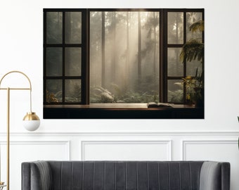 Open Window with Tropical Forest View Painting Canvas Print, Forest Canvas Art, Framed and Ready to Hang