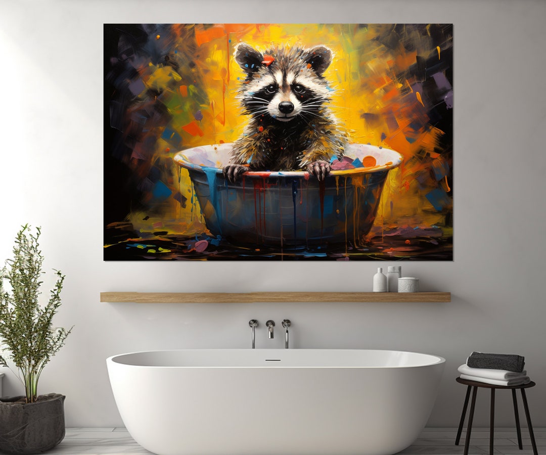 Cute Raccoon in the Bathtub Painting Canvas Print, Bathroom Wall Art ...