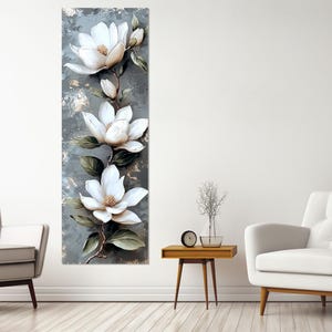Weiße Magnolie Blumen abstrakte Malerei Leinwand, Blumenwandkunst, Blumenwanddekor, vertikale Magnolie Poster, gerahmt und fertig zum Aufhängen