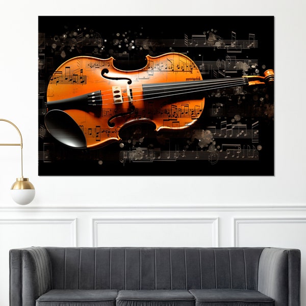 Tableau violon et notes, impression sur toile violon, art mural violon abstrait, cadeau violoniste, encadré et prêt à accrocher