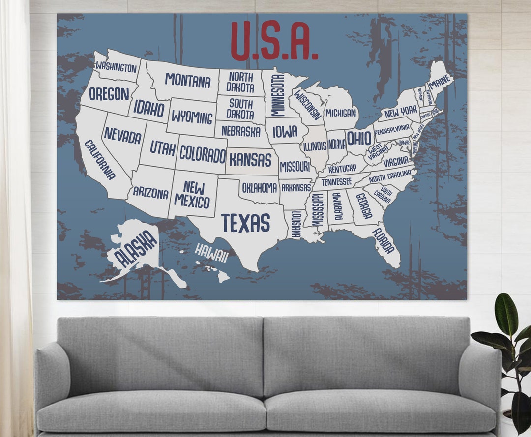 USA Map Canvas Print, USA Wall Art, United States Map Canvas Art, Push