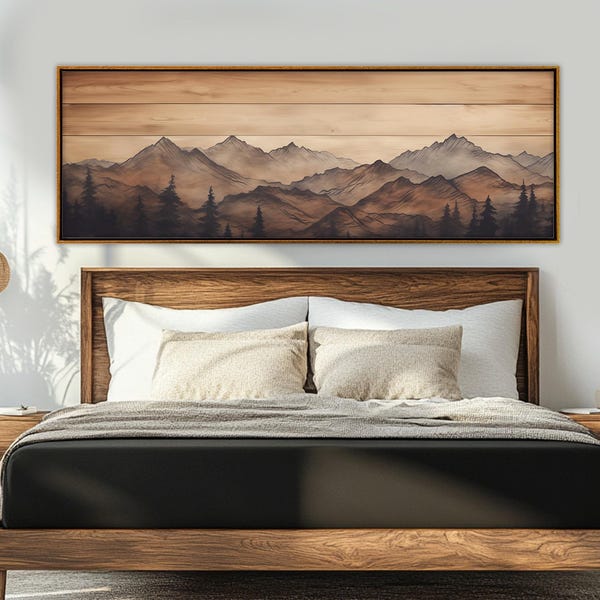Soft Colors Mountains on Wooden Background Canvas PRINT, Boho Mountains Painting, Rustic Mountains Wall Art, Framed and Ready to Hang