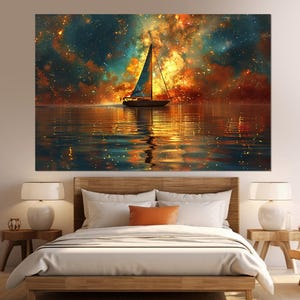 Milky Way Painting Canvas Print, Sailboat under Stars Abstract Print, Nebula Painting, Space Wall Decor, Framed and Ready to Hang