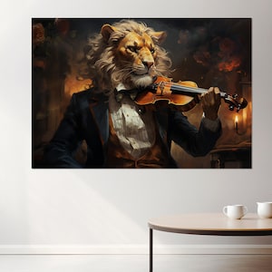 Lion Violinist Painting Canvas Print, Abstract Violin Wall Art, Musician Gift, Violinist Gift, Framed and Ready to Hang