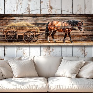 Wood Wall Art - Horse Pulling Wooden Cart with Hay Printed on Natural Wood, Cabin Wall Decor, Farmhouse Wall Art, Rustic Country House Decor