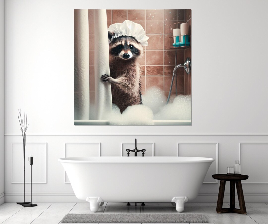 Cute Raccoon in Bathroom Canvas Print, Bathroom Wall Decor, Framed ...