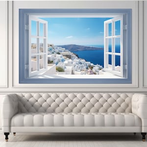 Open Window with Santorini View Canvas Print, Window with Sea View Canvas Art, Santorini Wall Art, Framed and Ready to Hang
